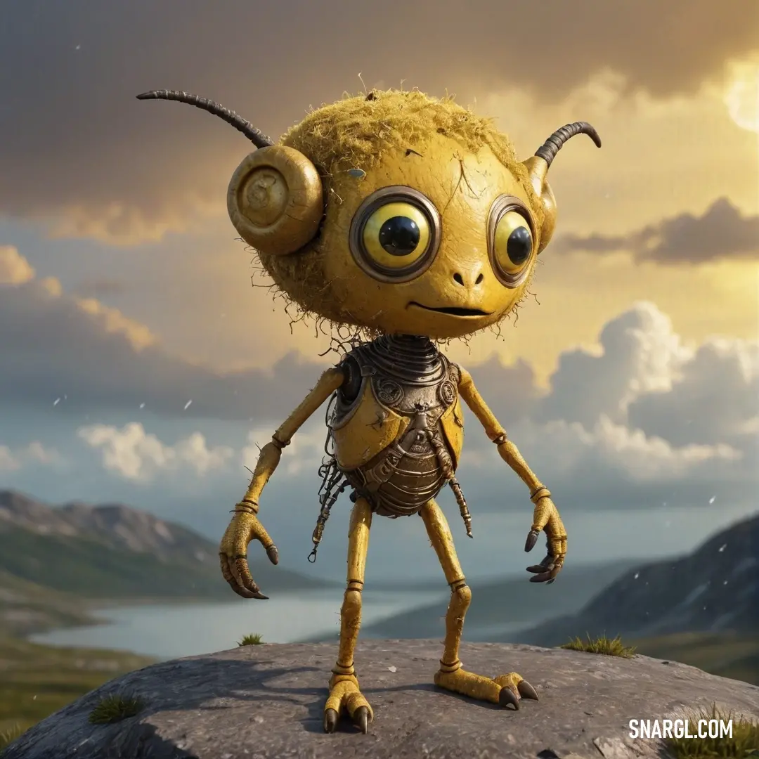 A vibrant yellow creature perches confidently on a weathered rock, its bright form contrasting against the verdant field that stretches towards magnificent mountain ranges. The dazzling scenery complements its vibrant presence in an idyllic natural settin