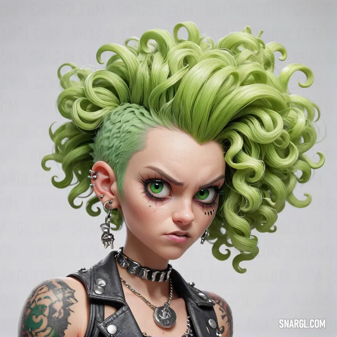 Doll with green hair and piercings on her head and a black leather jacket on her shoulders