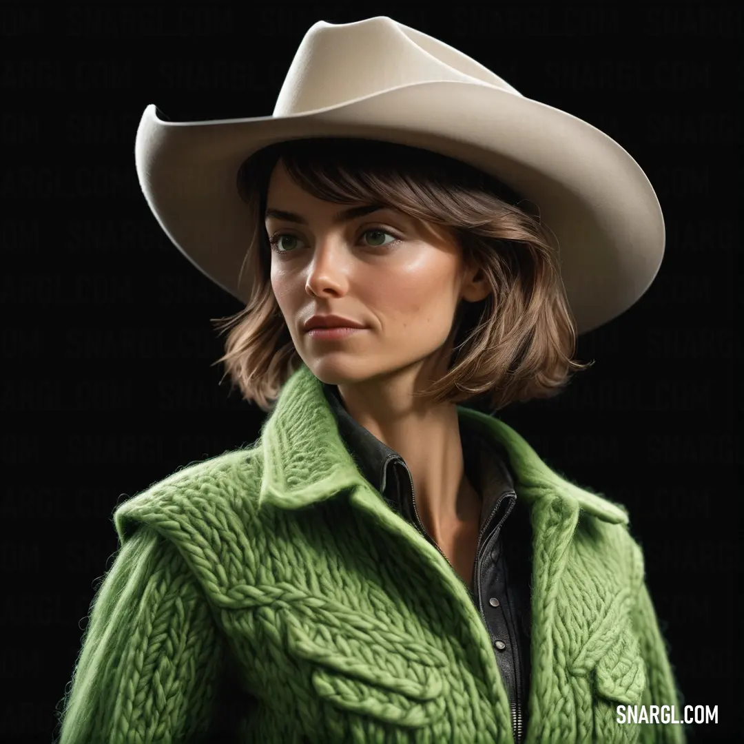PANTONE 2285 color example: Woman wearing a green jacket and a white cowboy hat is looking at the camera with a serious look on her face