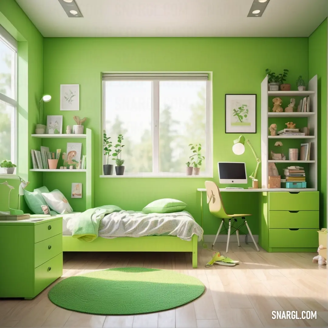 Green bedroom with a desk and a bed in it and a window with a view of the trees outside. Example of CMYK 24,0,57,0 color.