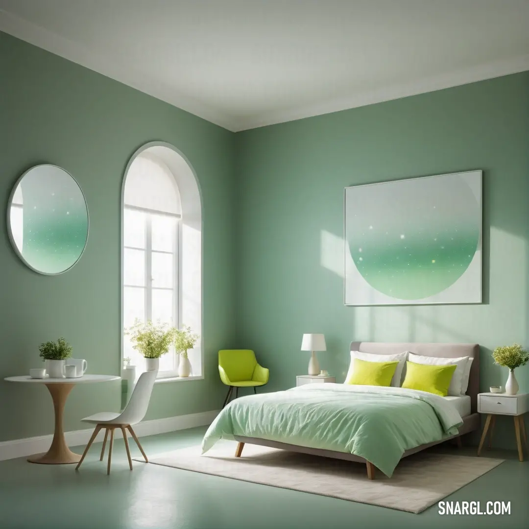 PANTONE 2288 color. Bedroom with a green wall and a white bed with green pillows and blankets and a green chair and table