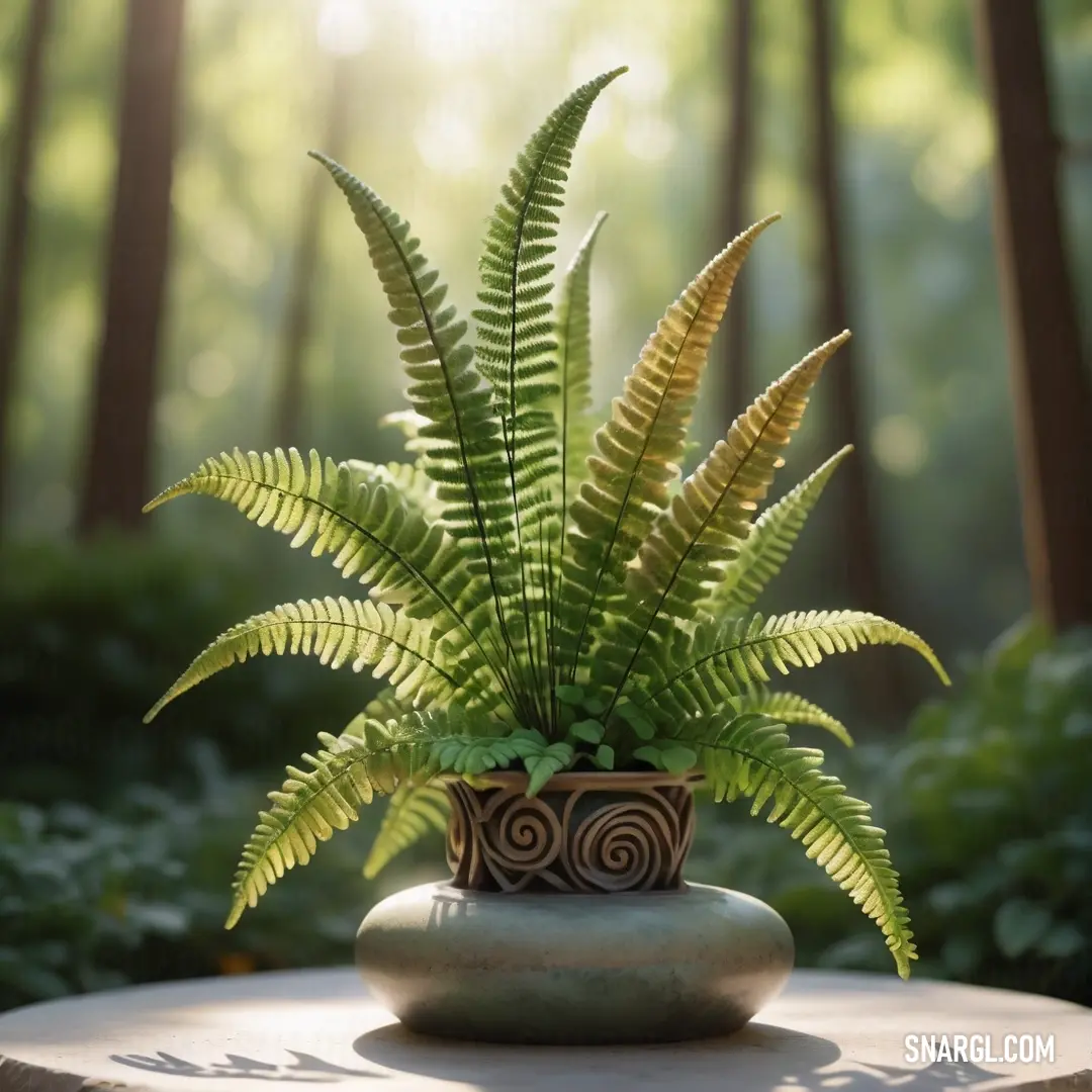 PANTONE 2289 color. Fern plant in a pot on a table in a forest setting with sunlight streaming through the trees behind it
