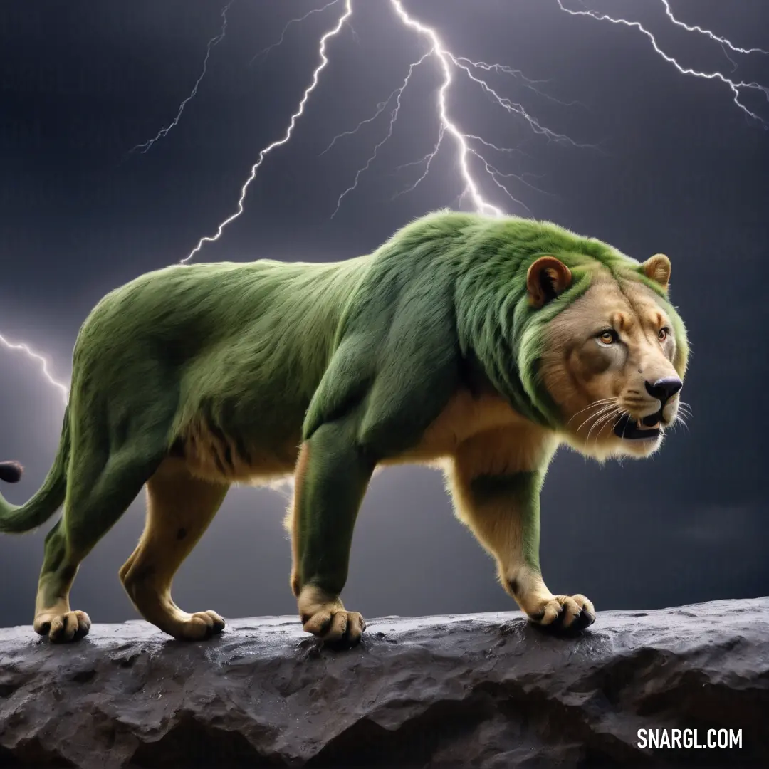 Lion with a green mane and a lightning bolt behind it is standing on a rock with a lightning bolt in the sky. Example of RGB 203,217,138 color.