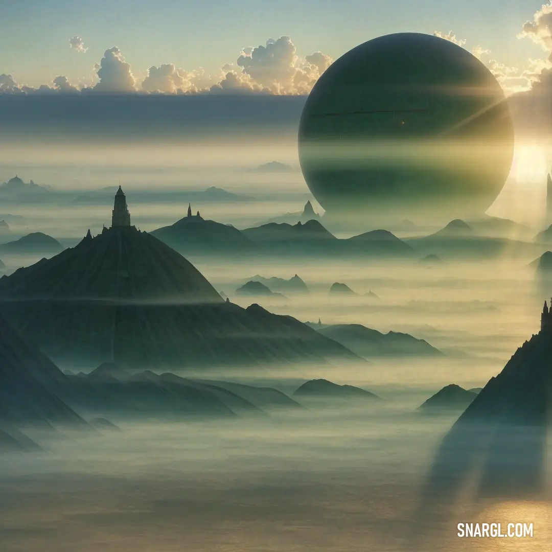 Picture of a planet in the sky with mountains and a building in the distance with a sun in the background. Color CMYK 24,0,60,0.