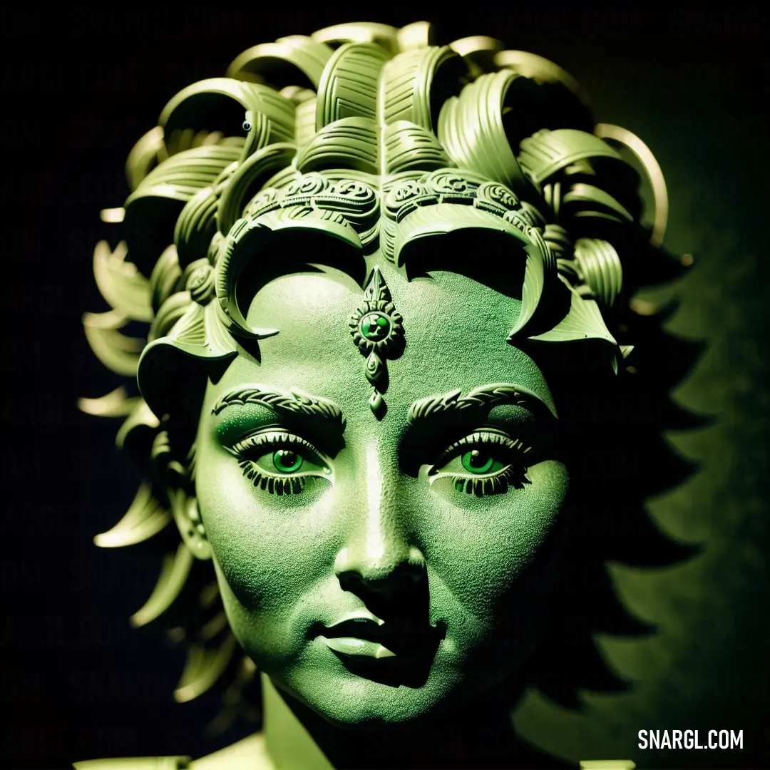 PANTONE 2289 color example: Statue of a woman with green eyes and hair in a dark room with a black background