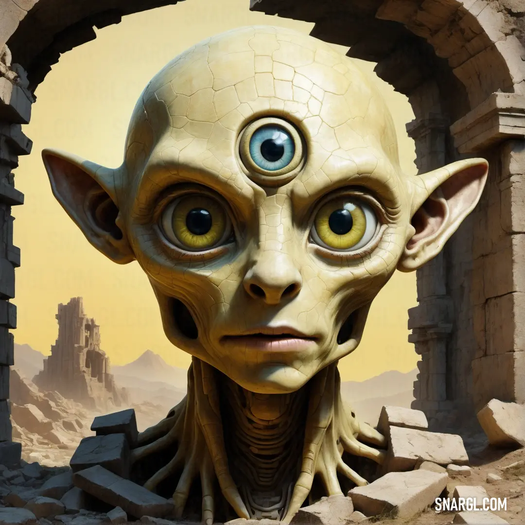 Strange looking creature with big eyes in a doorway of a building with ruins and a stone wall in the background
