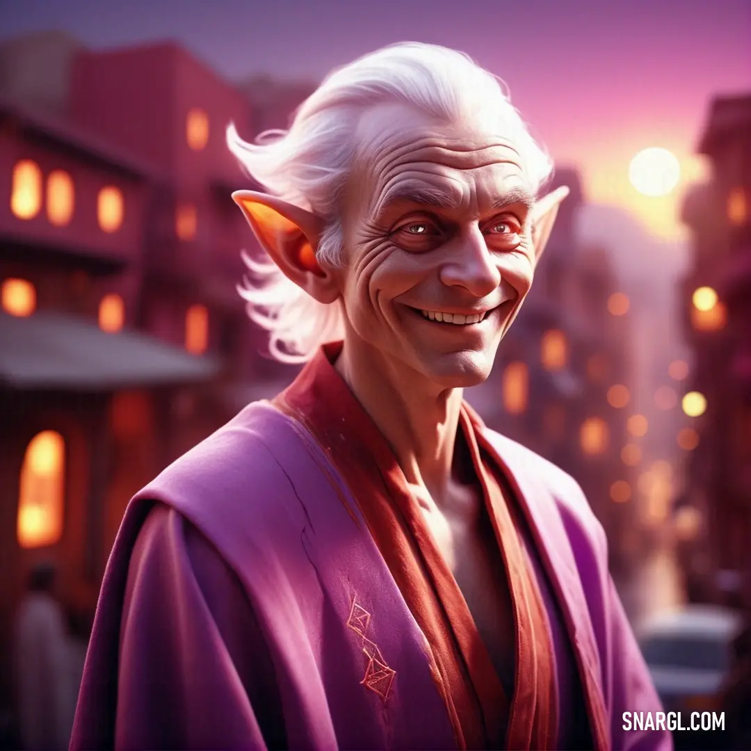 Cartoon character with white hair and a red robe on a city street at night with a street light in the background