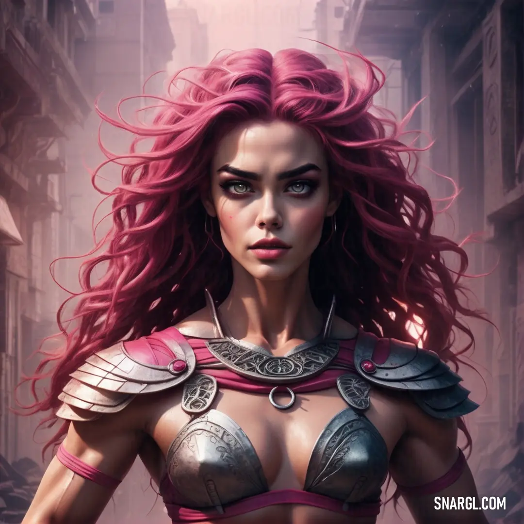 Woman with red hair and armor on her chest and chest. Example of #6D2244 color.