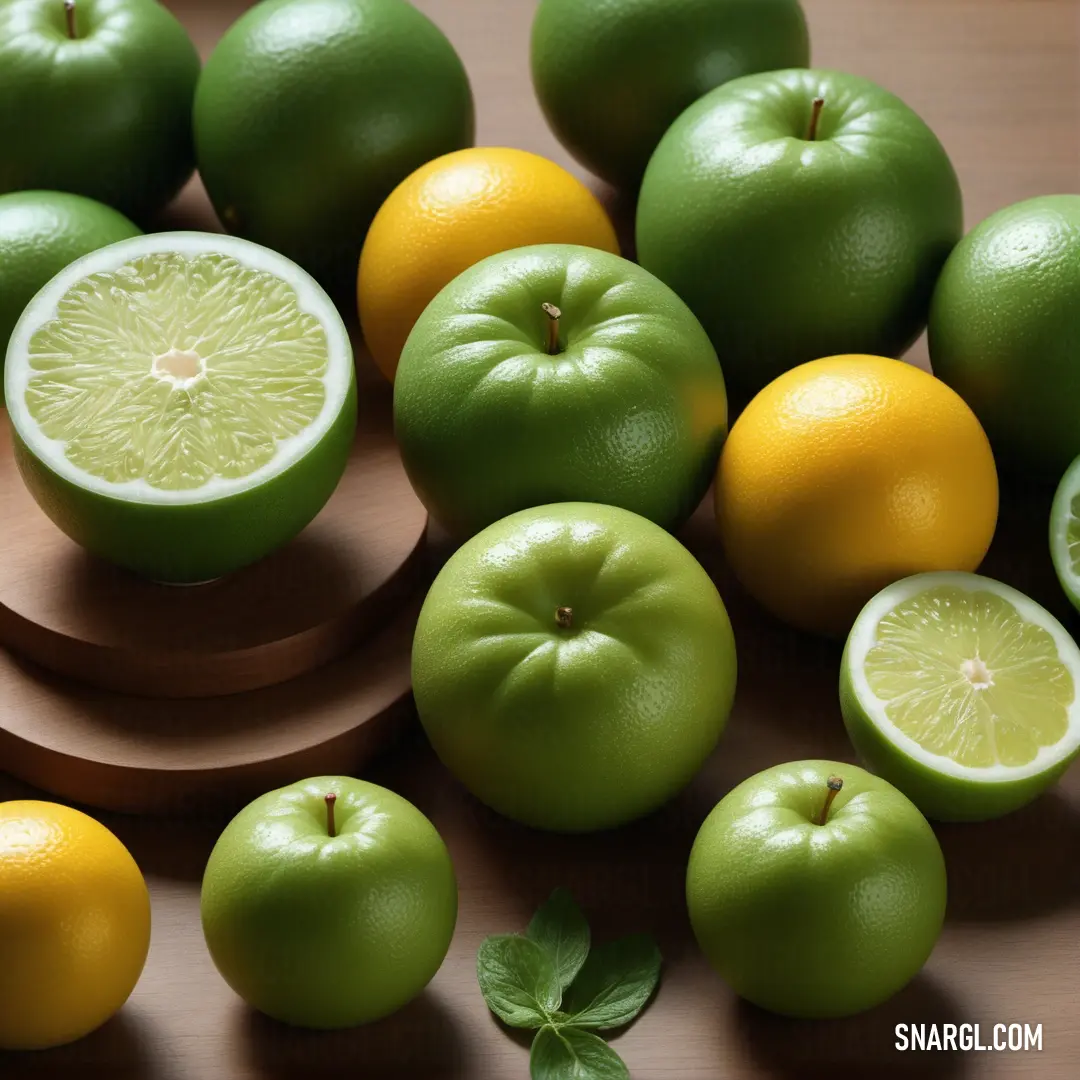 Group of green apples and oranges on a table with leaves and a slice of lime on a plate. Color #B9CF69.
