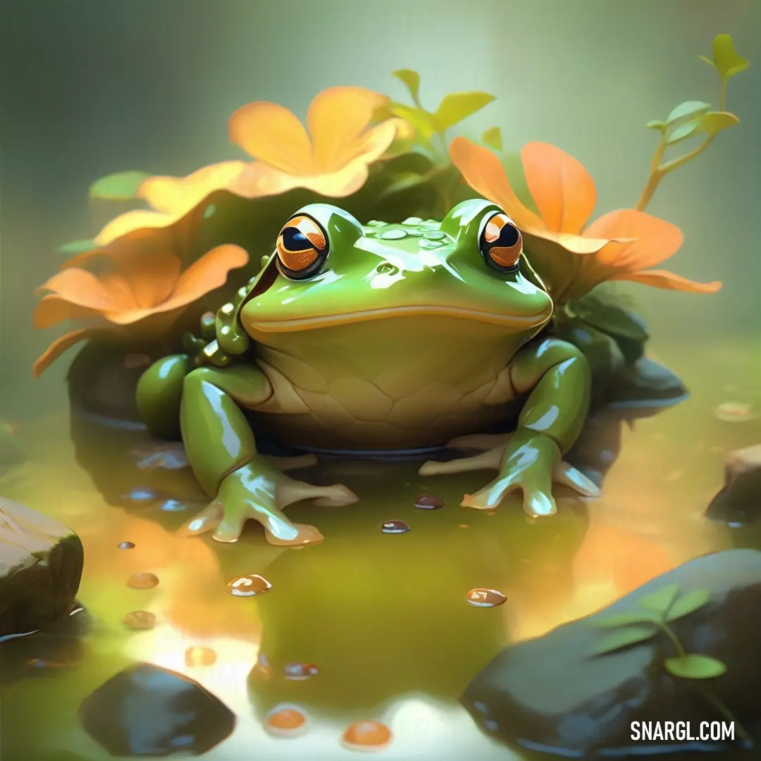 Frog on top of a puddle of water next to rocks and flowers with leaves on it's back. Example of PANTONE 2291 color.