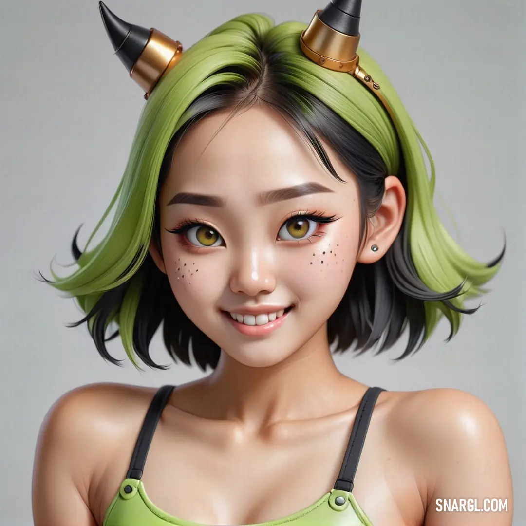 Girl with green hair and horns on her head is smiling at the camera with a green shirt on. Example of RGB 179,203,96 color.