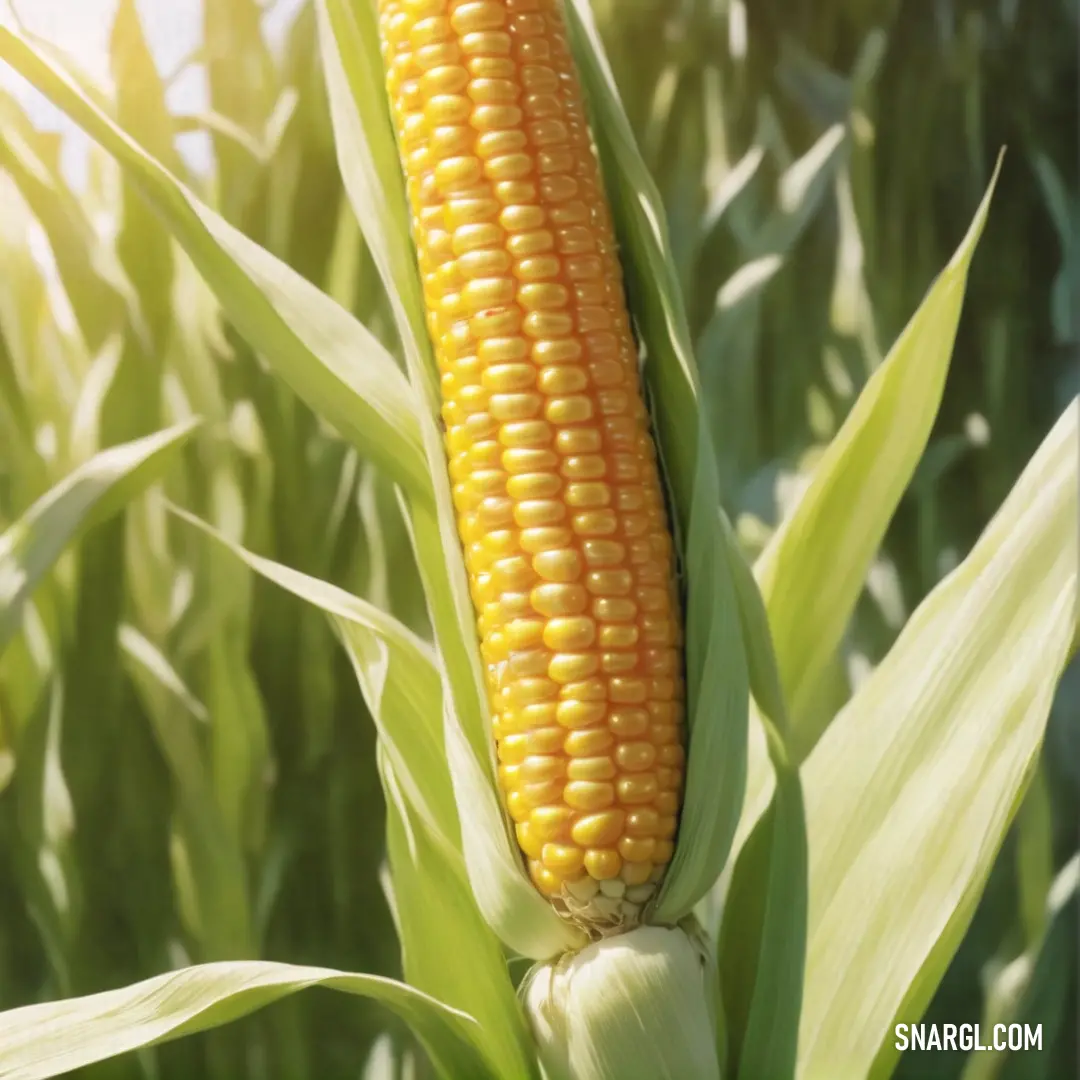 Corn cob is growing in a field of corn on the cob in the sunlight. Color CMYK 48,0,92,0.