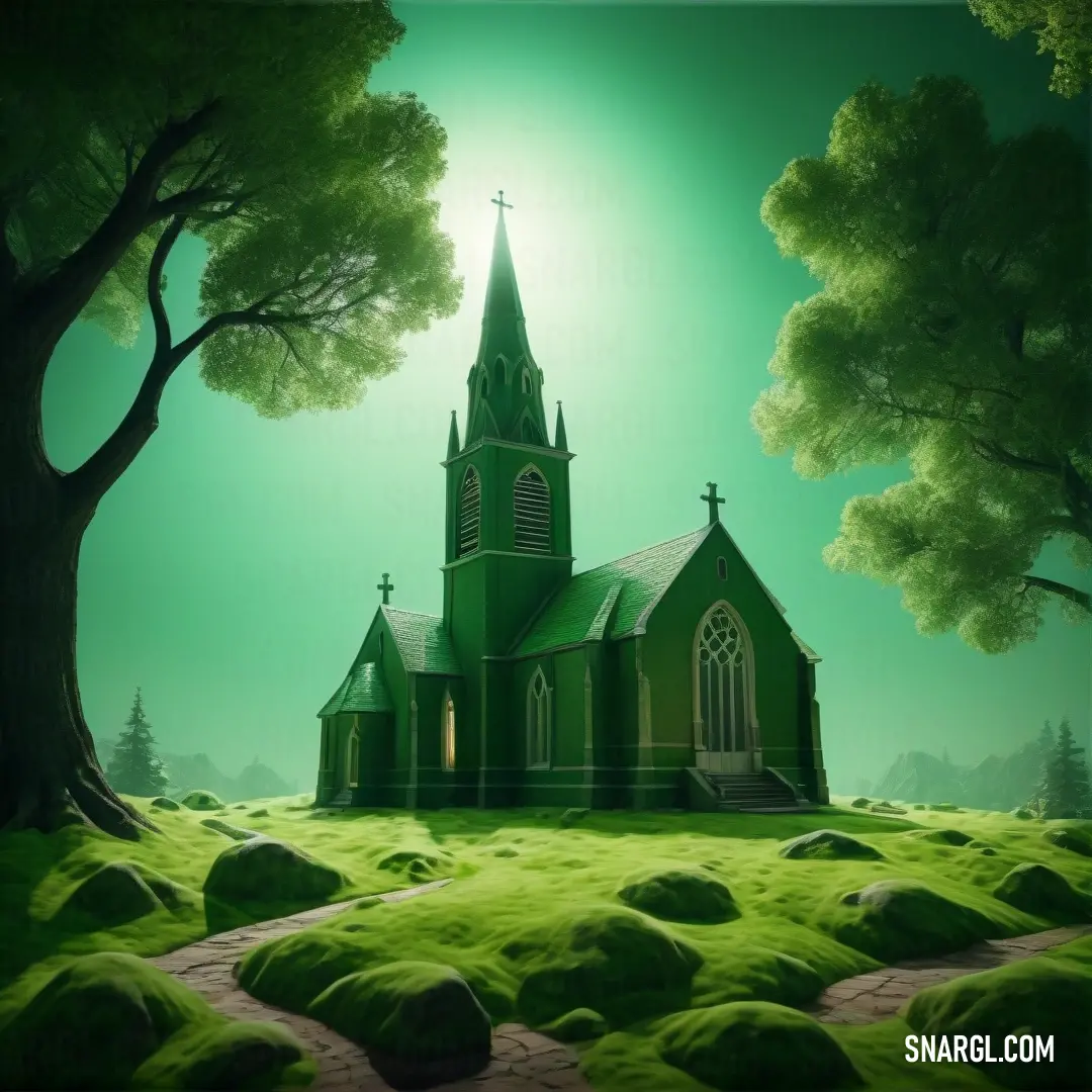 Painting of a church in a green landscape with rocks and trees in the foreground and a green sky. Example of PANTONE 2292 color.