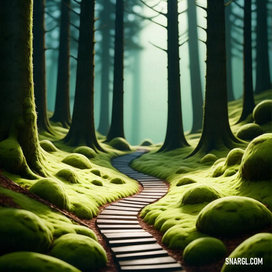 Path through a forest with green grass and trees on either side of it and a path leading to the top of the trees