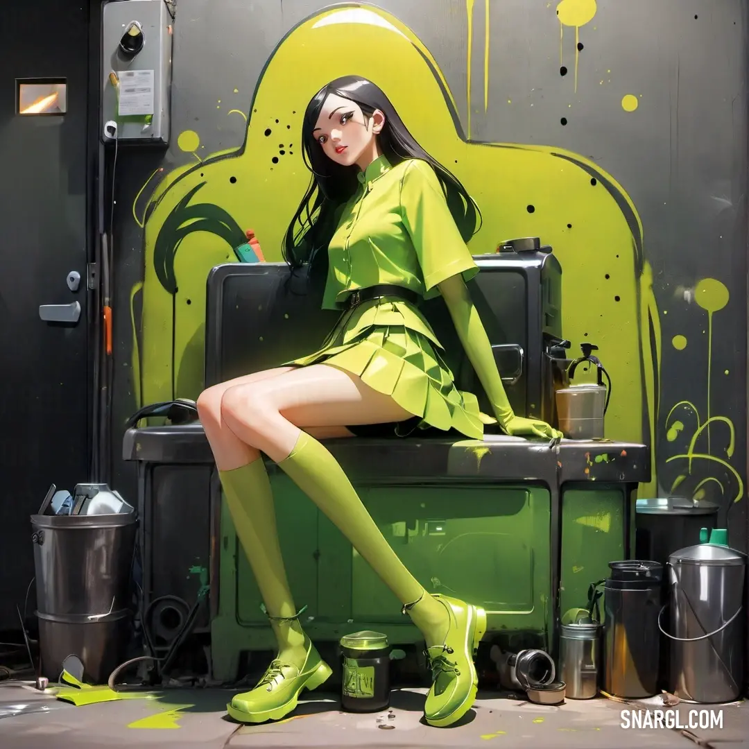 Woman in a green dress on a green bench with a green background. Color PANTONE 2292.