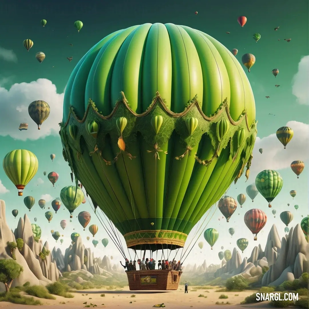 Large green balloon flying through a blue sky filled with lots of balloons in the sky above a mountain range. Color PANTONE 2293.