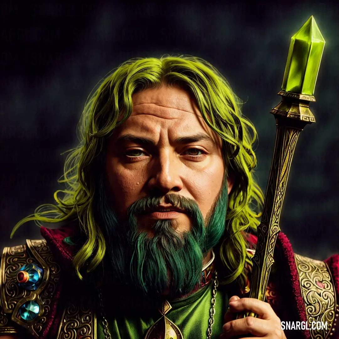 Man with a green beard and a green sword in his hand and a green beard and green hair. Color PANTONE 2293.