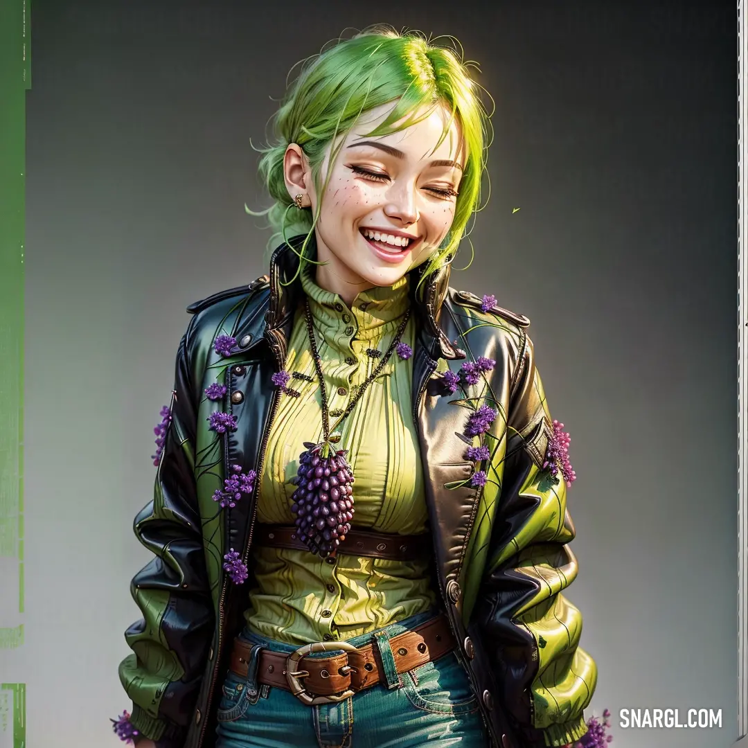 Woman with green hair and a green jacket smiling at the camera with a green background. Color #DEE29F.