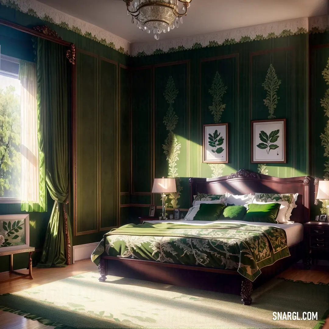 Bedroom with green walls and a bed with green sheets and pillows and a chandelier hanging from the ceiling. Color PANTONE 2296.