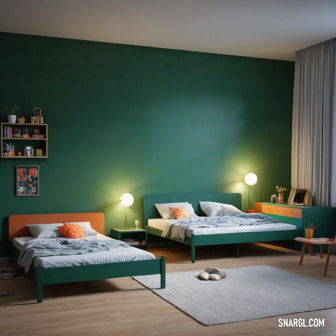 A cozy bedroom with two beds, a colorful rug, and a window adorned with curtains. A lamp on the wall adds to the warmth of the space, all enveloped in the soft, inviting tones of CMYK 17, 0, 54, 0.