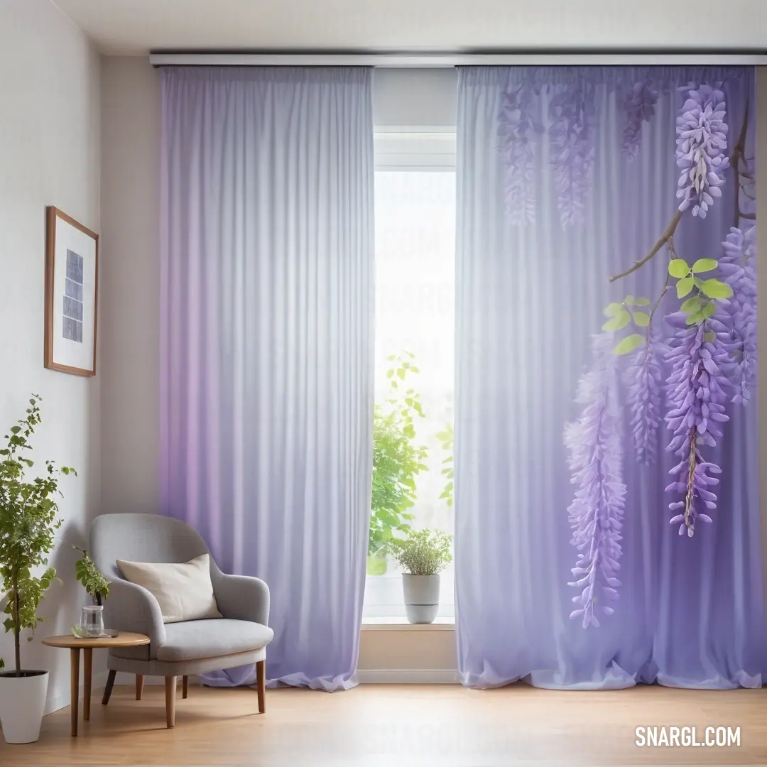 A delicate chair sits gracefully in front of a window, flanked by elegant curtains and a vibrant plant, creating a picturesque setting infused with the lively energy of PANTONE 2296 color.