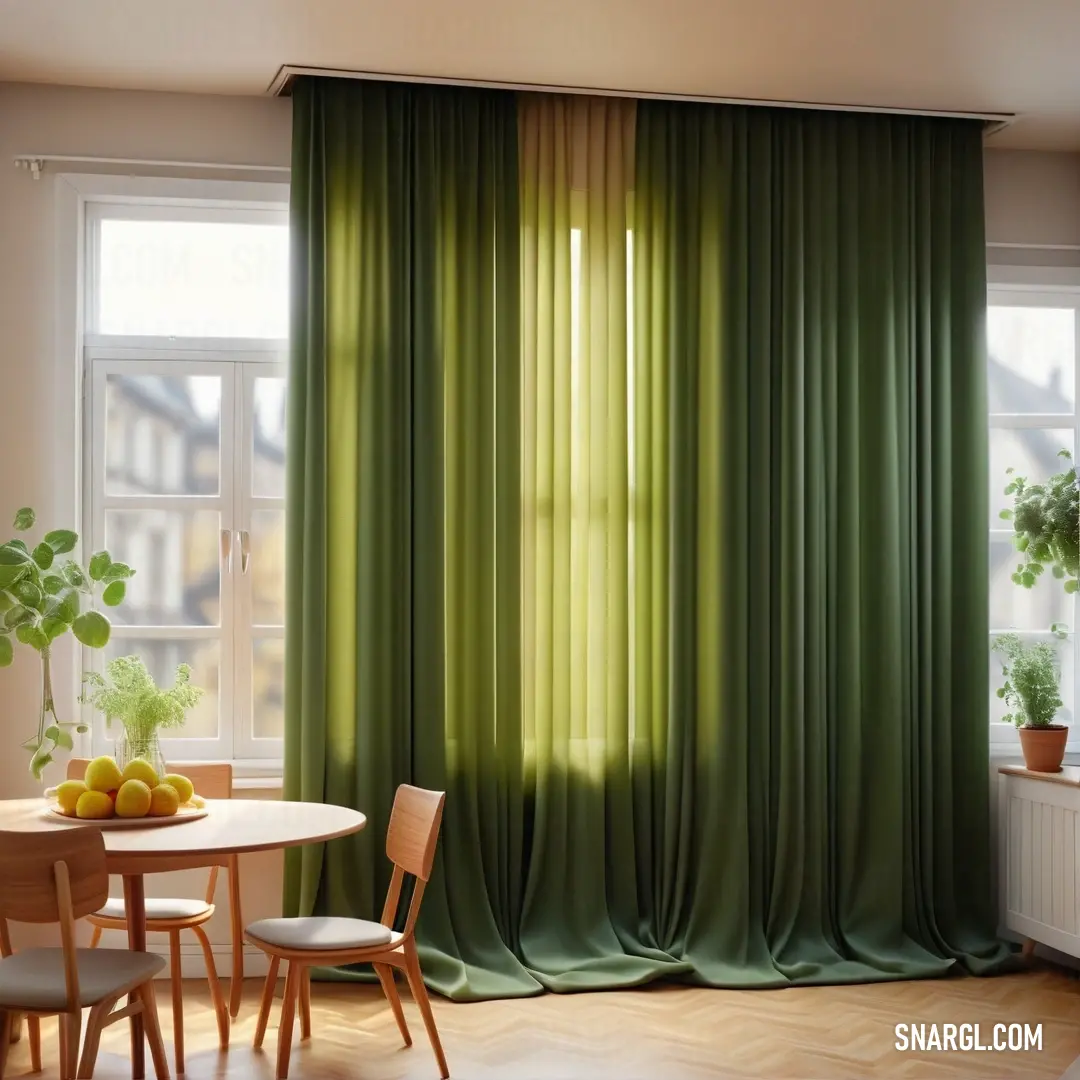 A cozy dining room unfolds with a stylish table surrounded by chairs, illuminated by a green-curtained window framing a beautiful city view, inviting warm gatherings and cherished meals.