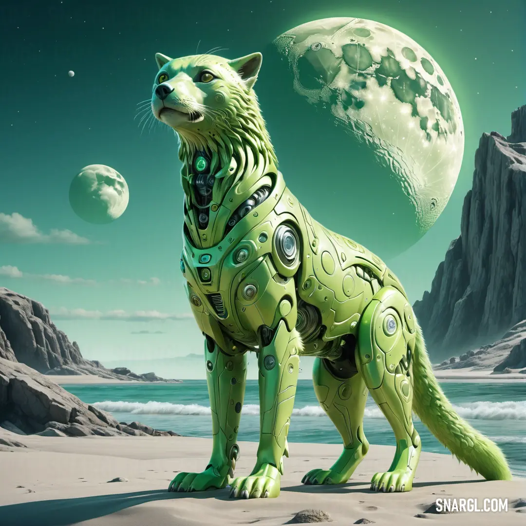 Green cat standing on top of a sandy beach next to the ocean and a moon filled sky with stars. Example of #D6DF98 color.