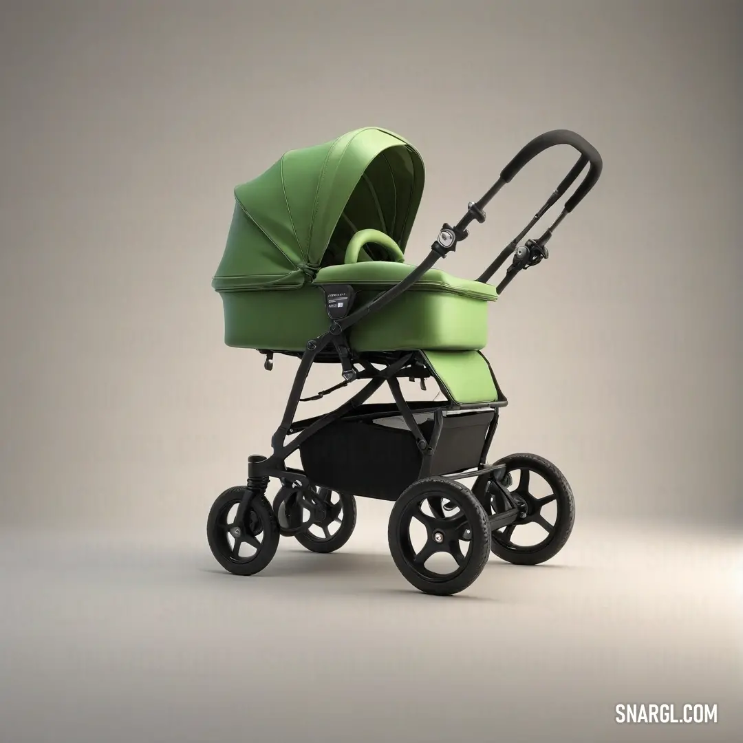 A green stroller with a black handle and wheels is set against a simple gray background. The fresh, calming color of #D6DF98 highlights the modern design of the stroller.