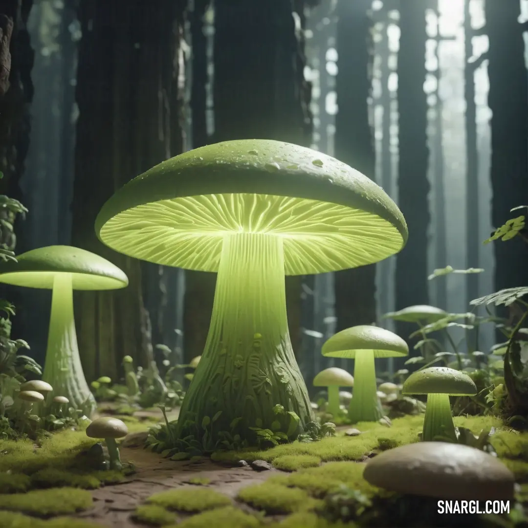 Group of mushrooms in a forest with moss growing on the ground and trees in the background. Color PANTONE 2296.