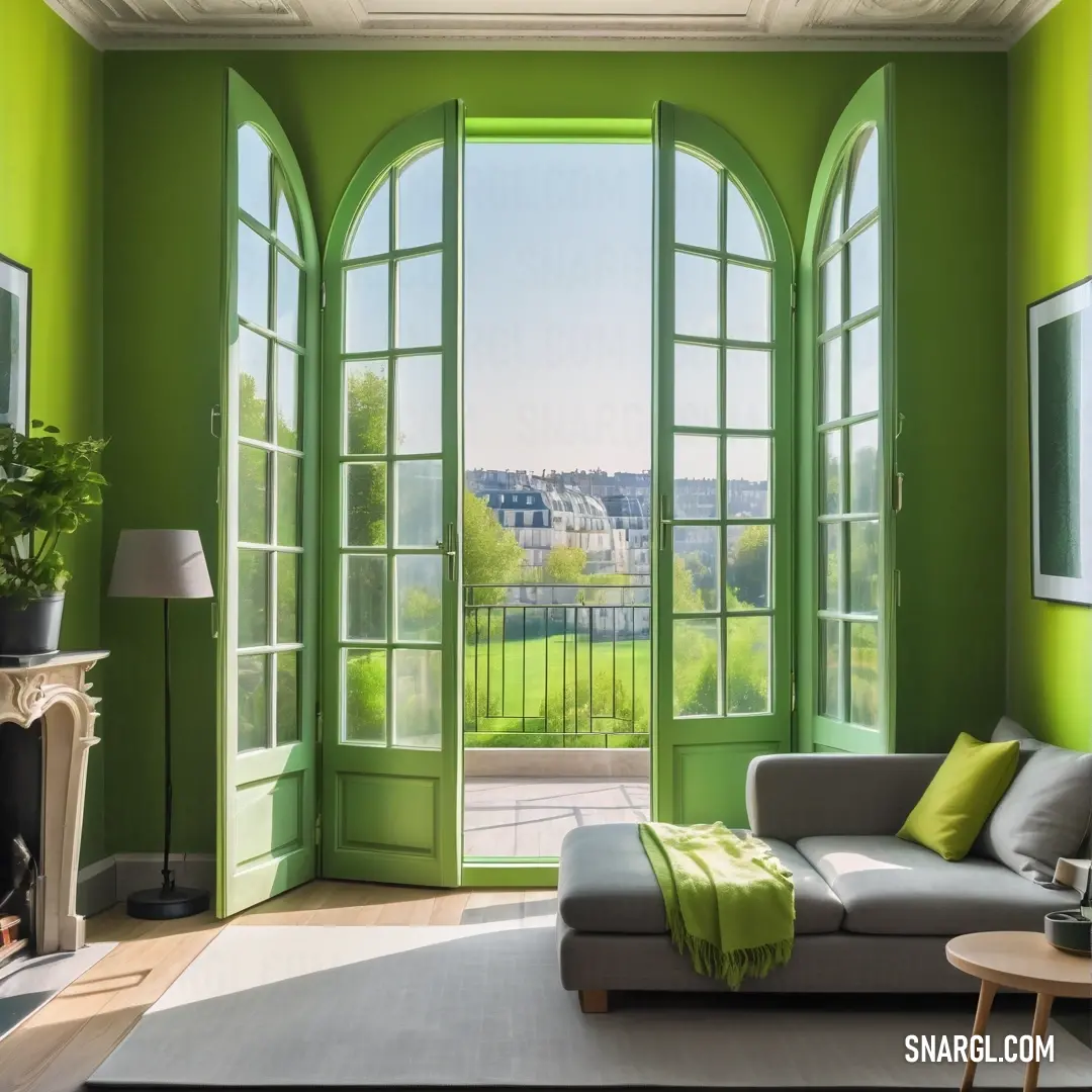 A cozy living room filled with warmth features a stylish couch against a soothing green wall, with a large open door revealing stunning city views, embodying a serene CMYK 17,0,54,0 color ambiance.