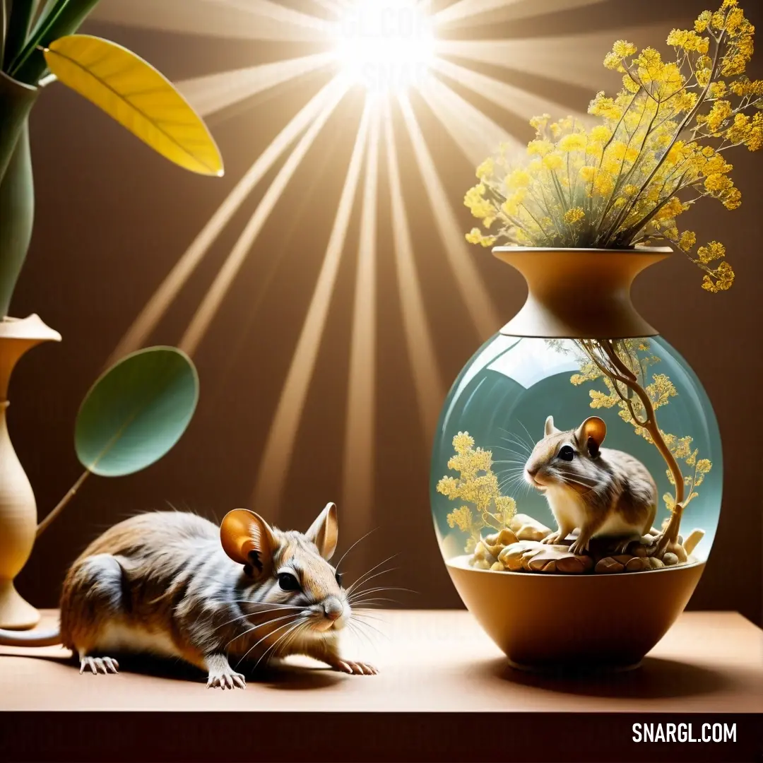 A playful scene with a curious mouse next to a vibrant vase filled with flowers, alongside a charming gerbil, perfectly illustrating the warm tones of RGB 214,223,152 against an inviting table setting.