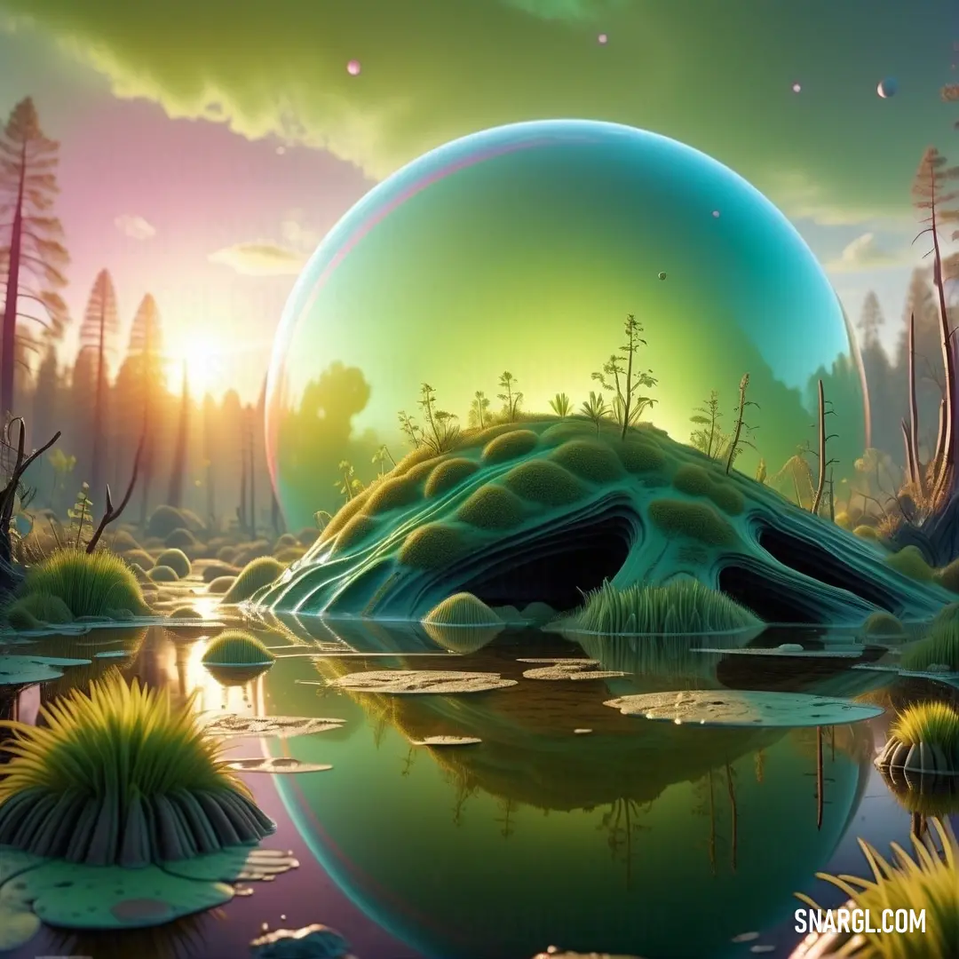 Painting of a pond with a large green ball in the background. Color CMYK 17,0,54,0.