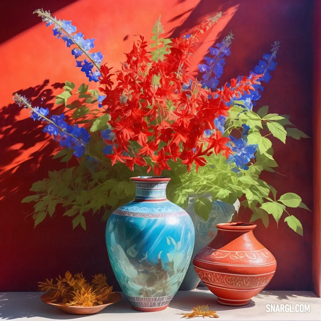 A captivating painting depicting a trio of vases filled with blooming flowers, set against a striking red wall that enhances the vibrant colors, showcasing the PANTONE 2296 color palette's brilliance.