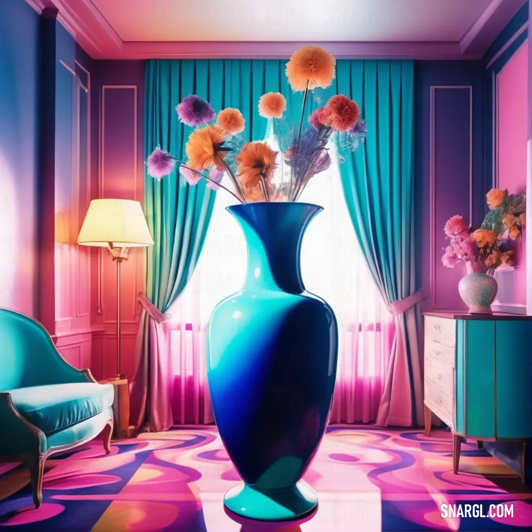 A blue vase gracefully cradling vibrant flowers amidst a charming room, complemented by a stunning pink and blue wall that creates a serene environment, embodying the enchanting PANTONE 2296 color.