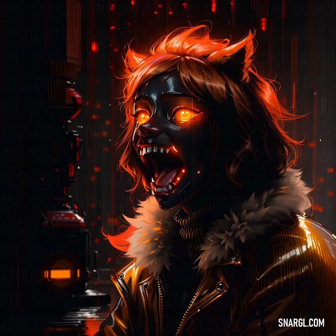 A mysterious woman with fiery red hair and piercing glowing eyes stands in a dark room, her mouth emitting an eerie red light that casts an ominous glow. The atmosphere is charged with an unsettling, supernatural energy.