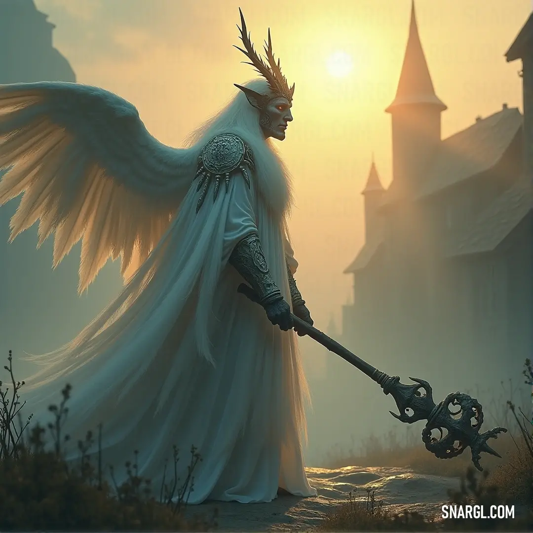 A serene fantasy scene depicting a majestic angel dressed in flowing white robes, delicately holding a shimmering golden key. In the distance, a magnificent castle towers against a soft, dreamy sky, creating an enchanting atmosphere filled with wonder and