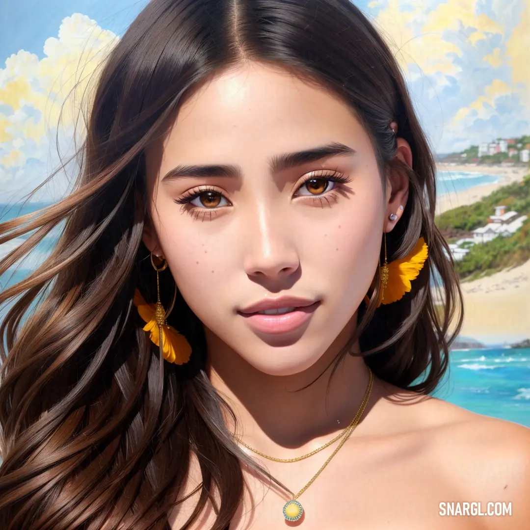 A young woman with long hair and a yellow flower tucked behind her ear stands in front of a serene beach painting. The colors in the painting and her surroundings complement each other, creating a peaceful and harmonious atmosphere.