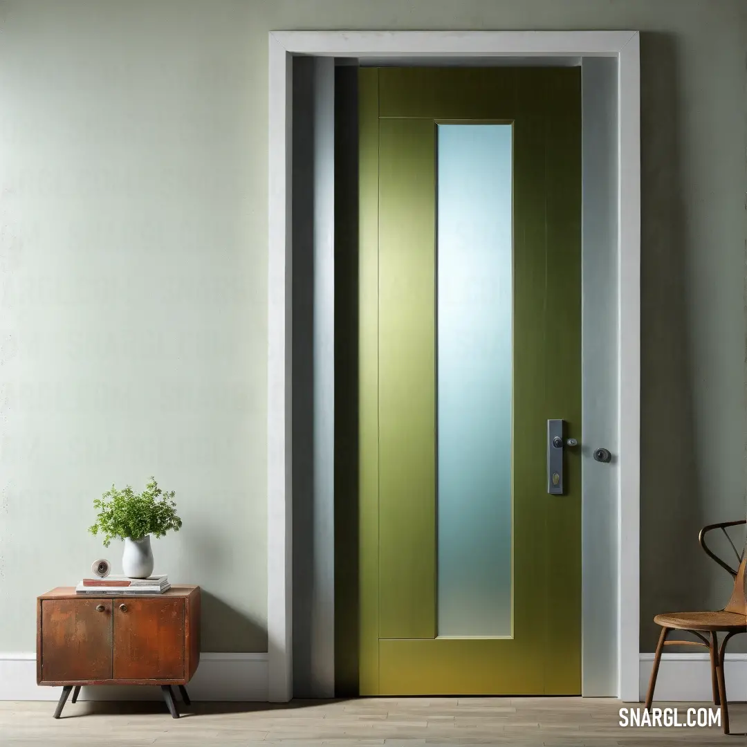 In a cozy room, a green door with a stylish mirror stands prominently, complemented by a side table and chair that invite relaxation, presenting a fresh take on the lively RGB 214,223,152 color scheme.