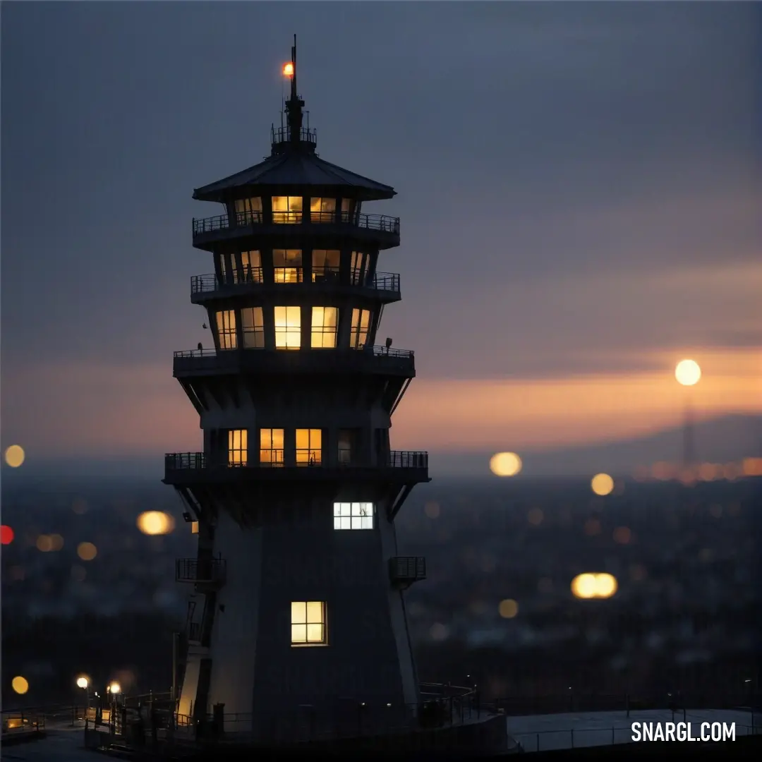 A majestic lighthouse stands tall against the backdrop of a bustling city, its bright beacon cutting through the darkness of night. The city lights glimmer around it, creating a beautiful play of illumination, while the lighthouse shines as a steadfast gu