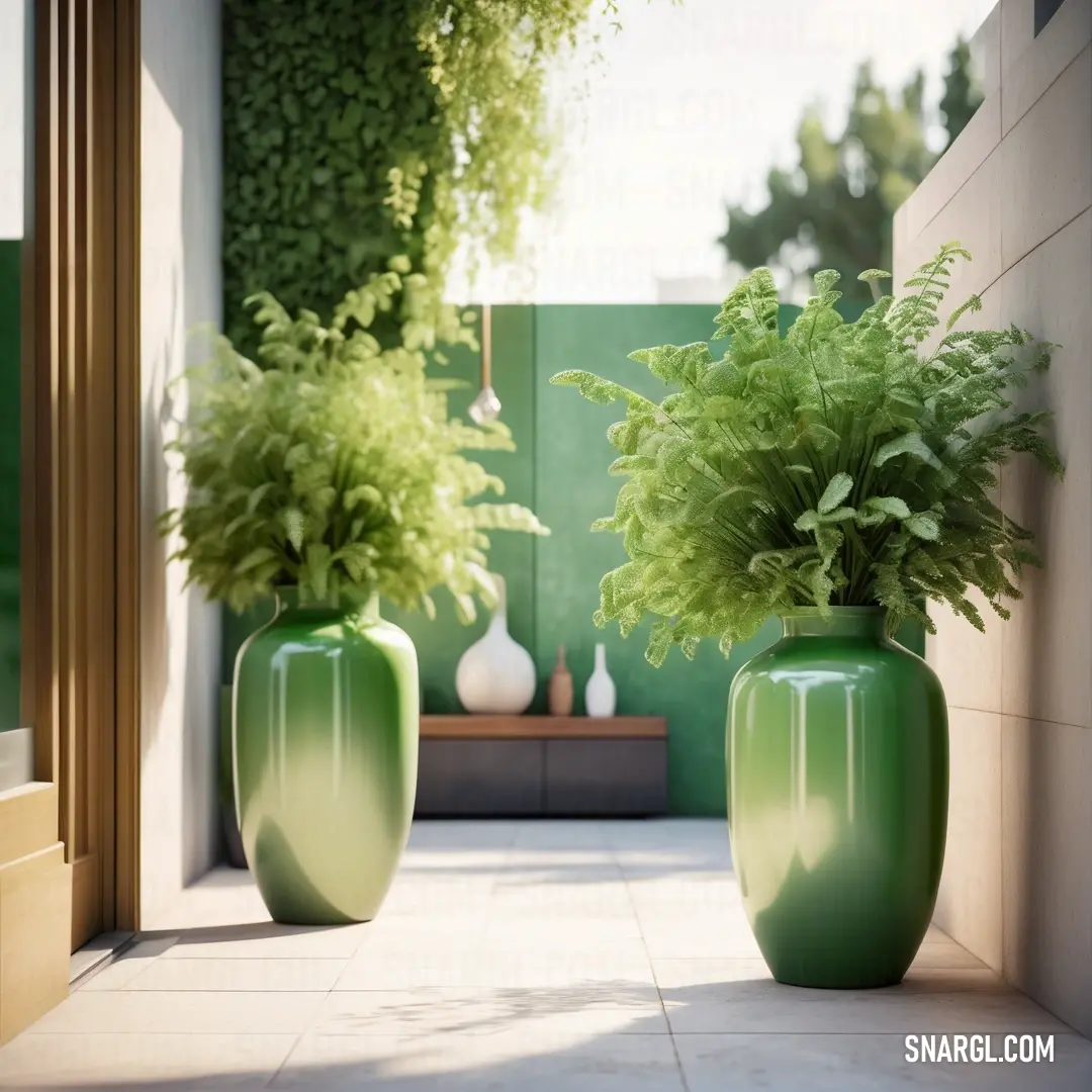 An elegant display of two lush green vases adorned with vibrant plants, set against a tiled floor and a soft wall and window, exemplifying the refreshing tones of CMYK 17,0,54,0 color palette.