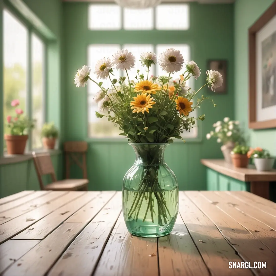 A stunning vase filled with cheerful yellow and white flowers sitting on a delightful table, surrounded by refreshing green walls, showcasing the brightness and liveliness of the PANTONE 2296 color.