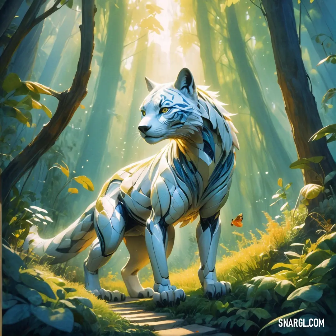 In a sun-drenched forest, a white tiger stands with poise, its striking fur contrasting against the glimmering sunlight that filters through the emerald leaves, showcasing the serene beauty of the natural habitat.