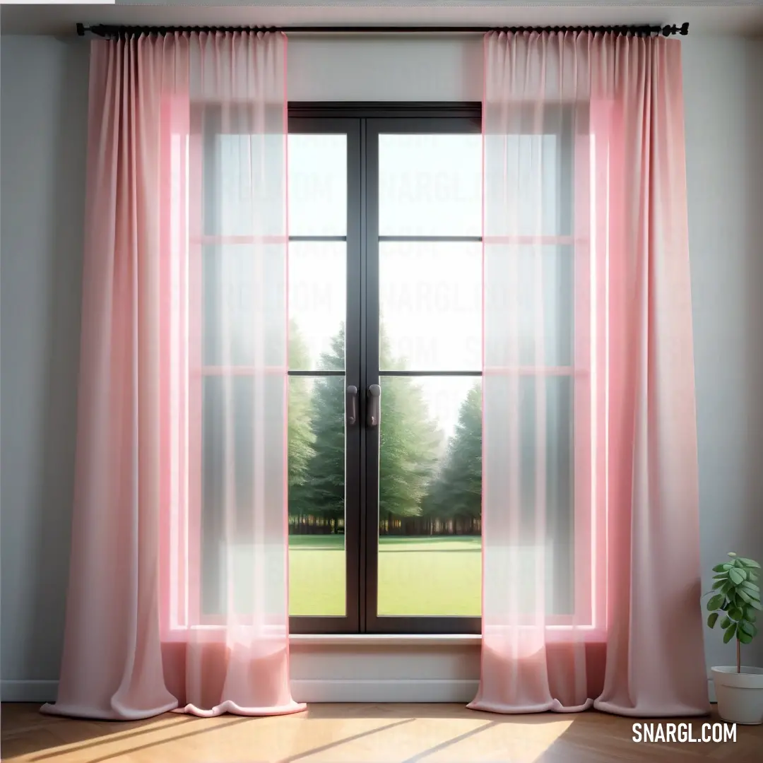 A softly lit room features a graceful pink curtain draped by a window, alongside a charming potted plant on a wooden floor, creating a bright and cheerful atmosphere full of warmth, perfectly representing RGB 214,223,152.