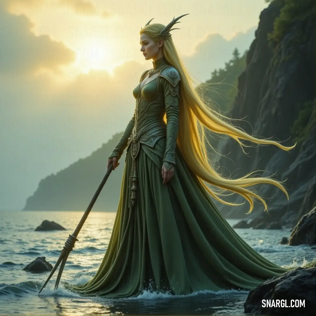 In a serene landscape, a woman in a flowing green dress gracefully holds a long stick as she stands in water near a cliff. The tranquil setting and soft colors create a peaceful moment of connection with nature, evoking calmness and reflection.