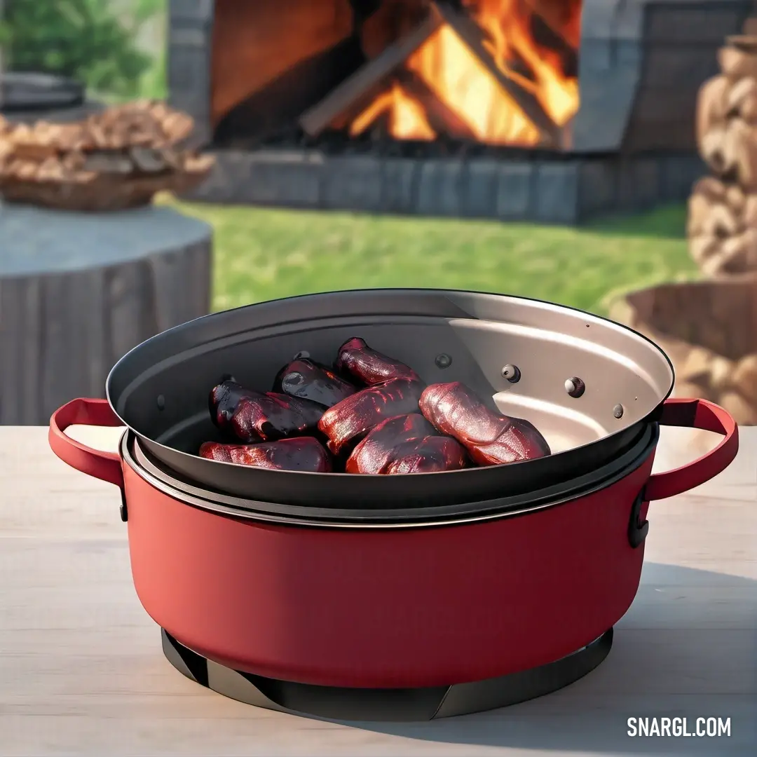 A vibrant red pot overflowing with delicious hot dogs rests on a rustic table beside a cozy fireplace, surrounded by a warm atmosphere illuminated by the RGB 214,223,152 color palette.