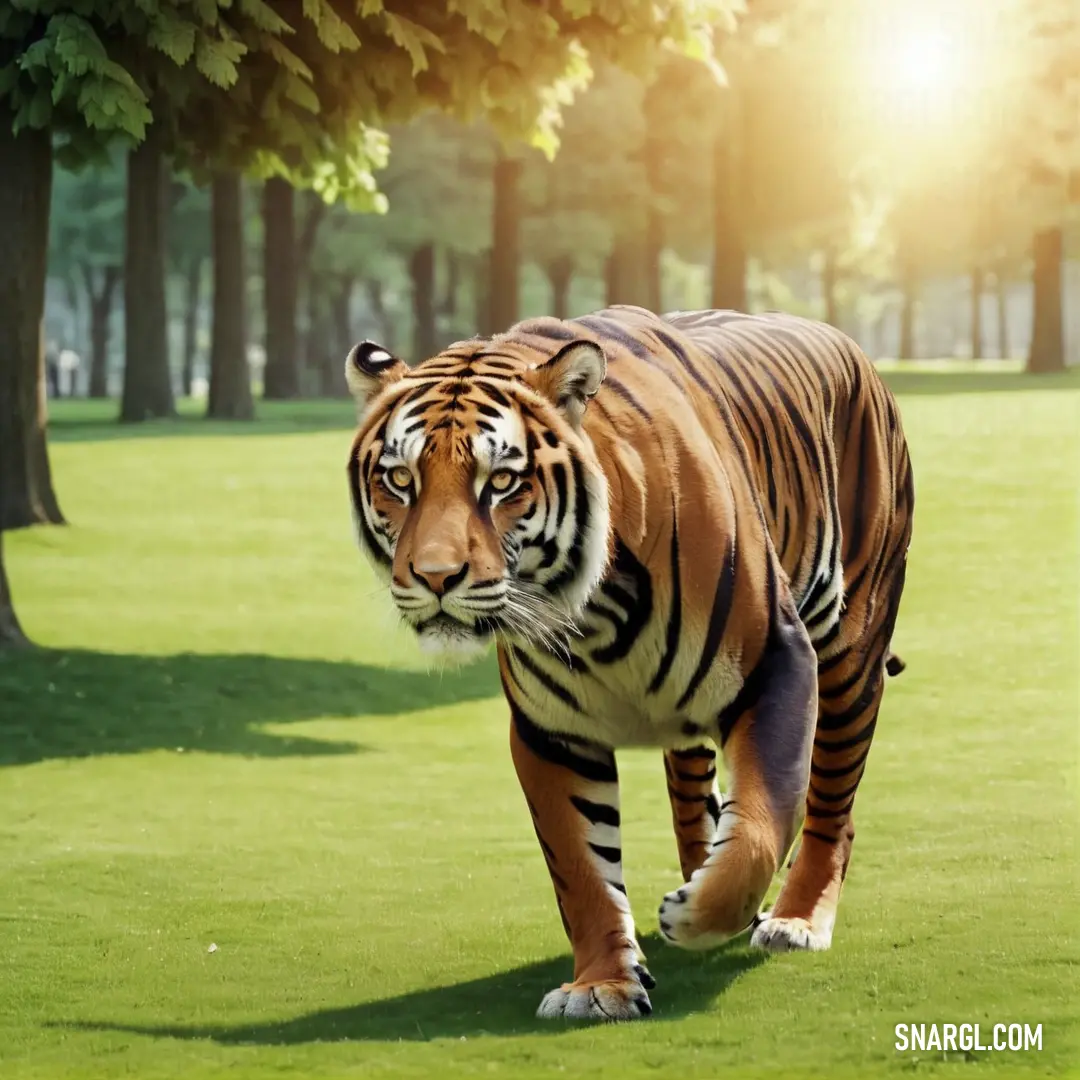 A majestic tiger strides confidently across a vibrant green field, framed by an ancient forest, as the sun bathes the entire scene in a warm golden glow, highlighting the beauty of nature and its magnificent inhabitants.