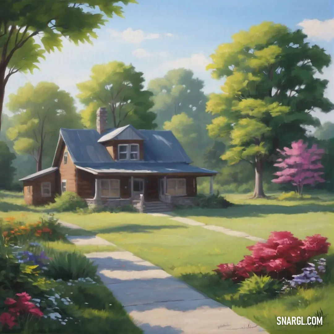 Painting of a house in a park with flowers and trees around it and a path leading to the front door. Color CMYK 29,0,72,0.