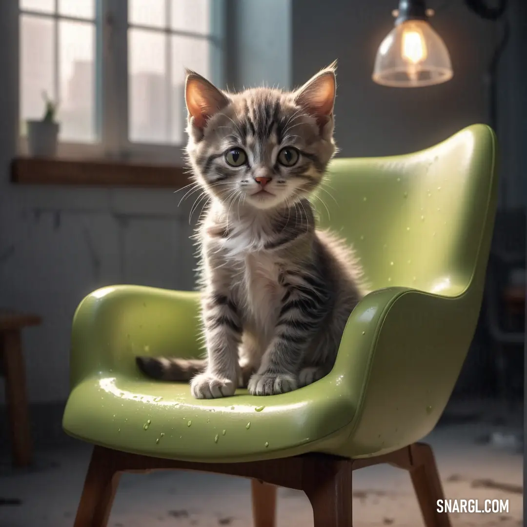 Small kitten on a green chair in a room with a light fixture above it and a window. Example of RGB 191,210,117 color.