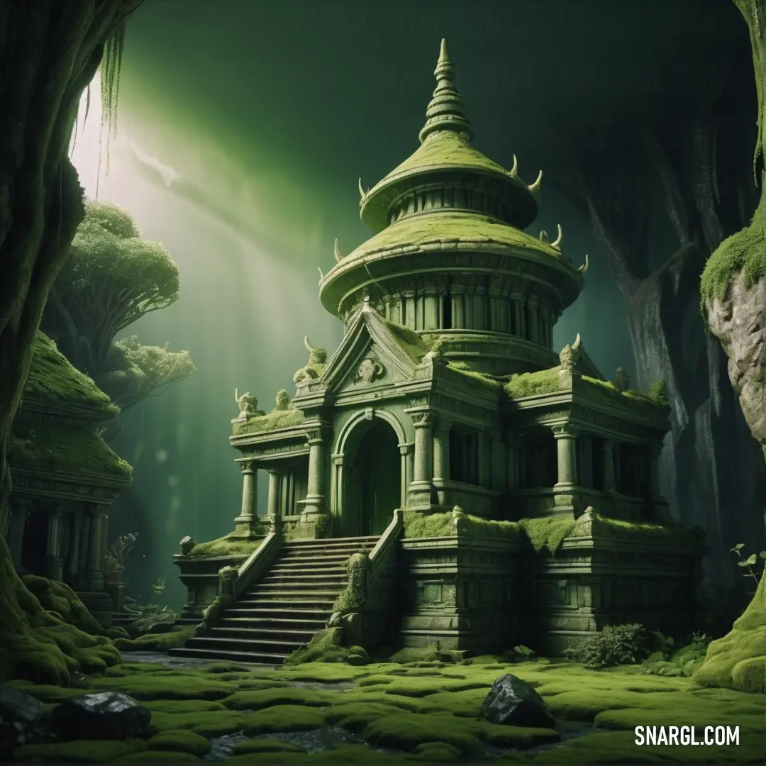 Fantasy scene with a building in the middle of a forest with moss growing on the ground and a light shining on the ground