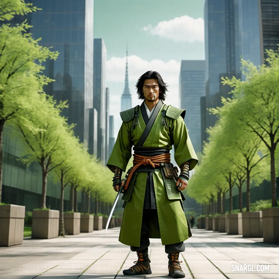 Man in a green outfit is standing in a park with a sword in his hand and a city in the background. Color PANTONE 2298.